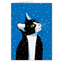 Christmas Cat Staring at Snowflakes Greeting Card