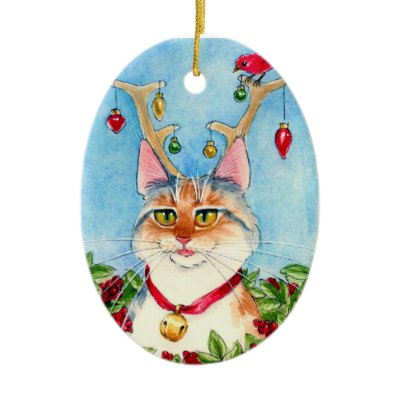 Christmas Cat with reindeer antlers ornament by sunshinesketches