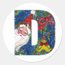 CHRISTMAS D LETTER / SANTA CLAUS WITH RED RIBBON ROUND STICKER