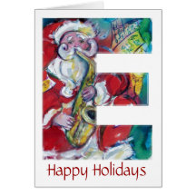 CHRISTMAS E LETTER /SANTA AND SAX MONOGRAM GREETING CARDS