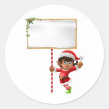 Christmas elf holding a sign round stickers