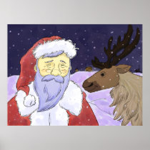 Christmas Eve Santa and Reindeer Poster Print