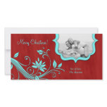 Christmas Family Photo Card Icy Blue & Red floral