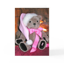Christmas Greeting Card-Teddy bear in pink hat.