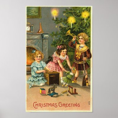 Christmas Greeting Kids, Tree, Toys by vintagegiftmall