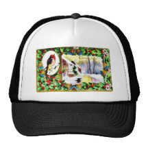 Christmas greeting with a bird singing with scenea mesh hats