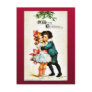 Christmas greeting with a boy hugs a girl postcards