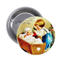 Christmas greeting with a child in a caddle and th pinback button