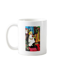 Christmas greeting with a girl standing with candl coffee mug