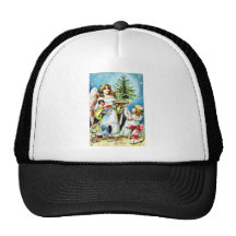 Christmas greeting with an angel carrying christma mesh hats