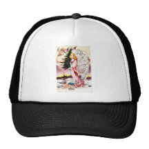 Christmas greeting with an angel carrying christma hat