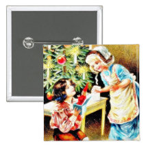 Christmas greeting with an old lady presents gifts pin