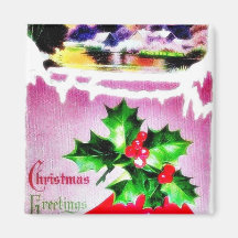 Christmas greeting with bell and scenery refrigerator magnet