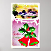 Christmas greeting with bell and scenery print
