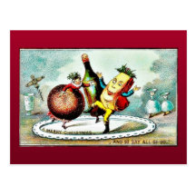 Christmas greeting with cartoon of wines and fruit post card