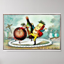 Christmas greeting with cartoon of wines and fruit poster