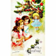 Christmas greeting with girls looking at the chris cut out