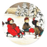 Christmas greeting with kids snow slading stickers
