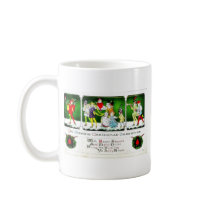 Christmas greeting with people playing music and d coffee mug