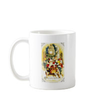 Christmas greeting with santa claus riding a cart coffee mugs