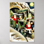Christmas greeting with santa claus travells in a posters