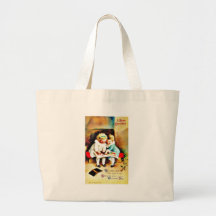 Christmas greeting with two kids looking at santa tote bags