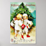 Christmas greeting with two kids speaking infront posters