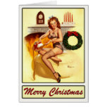 Christmas Greetings with Pinup Girl Stuffing Sock Greeting Card