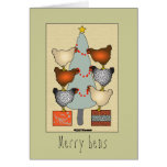 Christmas hens decorate tree on linen Card