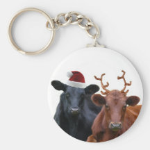 Christmas Holiday Cows in Santa Hat and Antlers Key Chain