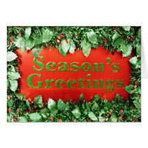Christmas Holiday Seasons Greetings Glitter Holly Greeting Card
