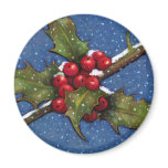 CHRISTMAS HOLLY, BERRIES, PASTEL ART MAGNET