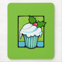 Christmas Holly Cupcake green Mousepad