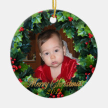 Christmas Holly wreath Photo ornament,