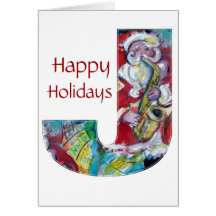 CHRISTMAS J LETTER /SANTA AND SAX MONOGRAM GREETING CARDS
