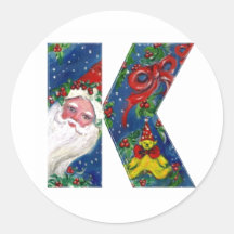CHRISTMAS K LETTER / SANTA CLAUS WITH RED RIBBON ROUND STICKER