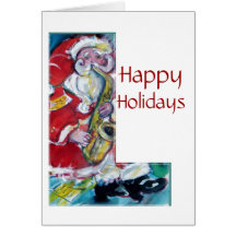 CHRISTMAS L LETTER /SANTA AND SAX MONOGRAM GREETING CARD