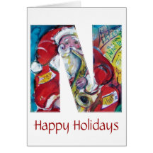 CHRISTMAS N LETTER /SANTA AND SAX MONOGRAM GREETING CARD