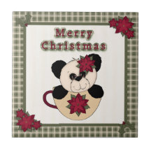 Christmas Panda Bear in a Cup with Plaid - Tile
