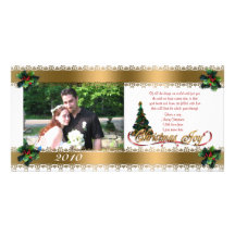 Christmas photo card holly and  gold ribbons