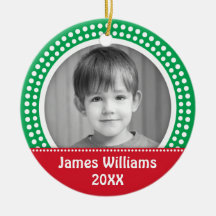 Christmas photo frame white dot snow border green christmas ornaments