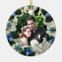 Christmas Photo ornament Blue and white wreath