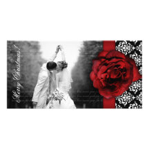 Christmas Photocard Red Rose Damask Black White Photo Card