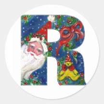CHRISTMAS R LETTER / SANTA CLAUS WITH RED RIBBON ROUND STICKERS