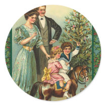 Christmas Rocking Horse Vintage Art Cards Round Stickers