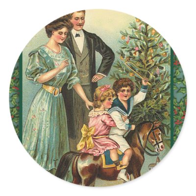 Christmas Rocking Horse Vintage Art Cards Round Stickers by XmasFun
