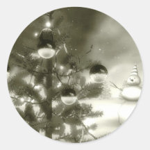 christmas scene winter night round sticker