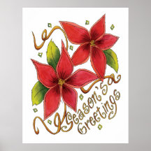 Christmas Season's Greetings with Poinsettias Posters