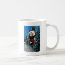Christmas snowman peeking behind a tree mugs