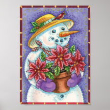 Christmas Snowman with Poinsettia and Wearing Hat Poster
